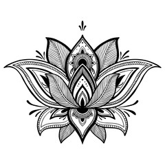 Filigree lotus flower, black vector, hand drawn