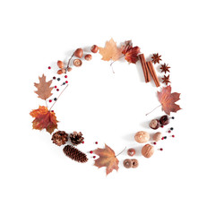 Autumn creative composition. Pattern made of dried autumn leaves, berries, flowers on white background. Fall, thanksgiving day concept. Flat lay, top view, copy space