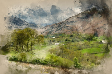 Digital watercolour painting of Beautiful old village landscape nestled in hills in Lake District