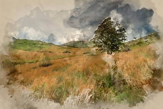Digital watercolour painting of Evening landscape image of Llyn y Dywarchen lake in Autumn in Snowdonia National Park