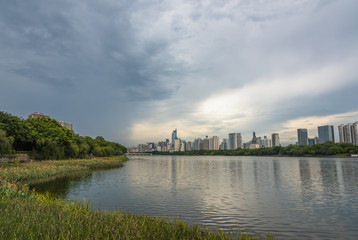 Fototapeta premium Beautiful city lakeshore architectural landscape in Nanning, Guangxi, China