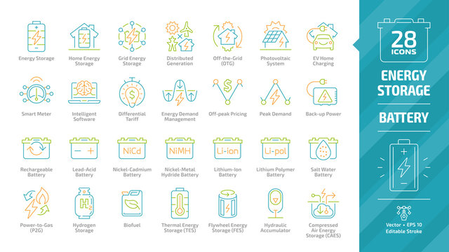 Energy Storage Color Outline Icon Set With Distributed Generation Grid, Electric Vehicle Charging, Rechargeable, Lead Acid, Nickel & Lithium Ion Battery, Hydrogen And Biofuel Editable Stroke Line Sign