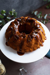 Festive bundt cake with dates and salted caramel. Sticky toffee pudding style