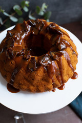 Festive bundt cake with dates and salted caramel. Sticky toffee pudding style