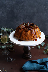 Festive bundt cake with dates and salted caramel. Sticky toffee pudding style