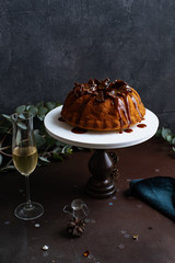 Festive bundt cake with dates and salted caramel. Sticky toffee pudding style
