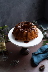 Festive bundt cake with dates and salted caramel. Sticky toffee pudding style
