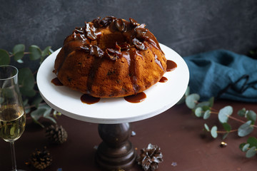 Festive bundt cake with dates and salted caramel. Sticky toffee pudding style
