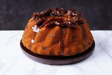 Festive bundt cake with dates and salted caramel. Sticky toffee pudding style