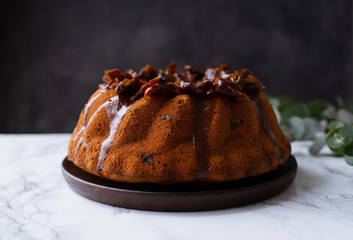 Festive bundt cake with dates and salted caramel. Sticky toffee pudding style