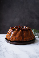 Festive bundt cake with dates and salted caramel. Sticky toffee pudding style