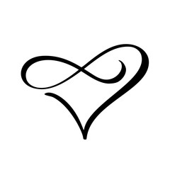 Vector black heart with infinity sign. Icon on white background. Illustration romantic symbol linked, join, love, passion and wedding. Template for t shirt, card, poster. Design flat element of