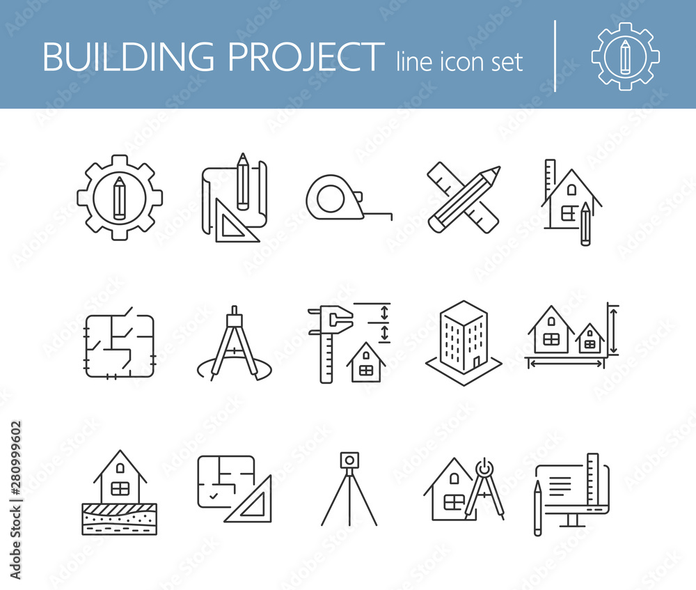 Poster building project line icon set. floor plan, layout, compass, ruler. architecture concept. can be use
