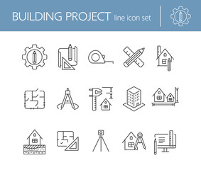 Building project line icon set. Floor plan, layout, compass, ruler. Architecture concept. Can be used for topics like engineering, measurement, construction