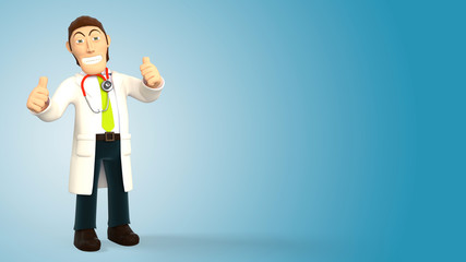 Young cartoon 3d doctor happy and smiling with his thumbs up, in white coat with a stethoscope, isolated on blue gradient background 3d rendering