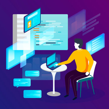 Vector concept illustration -  man with notebook, easely working with code. Modern bright banner template with place for your text.