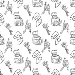 Apothecary alchemy magic craft seamless pattern, black and white, vector