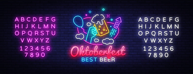 Oktoberfest greeting card. Oktobefest neon sign Design template event celebration. Beer Festival neon banner vector design for invitations and posters. Editing text neon sign