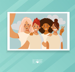 Selfie photo card of a group of four friends. Selfie photo characters girls in flat design. Photo printing concept. Vector illustration in flat cartoon design.