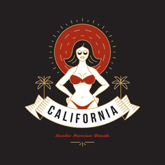 Positive modern line art style girl or woman on beach