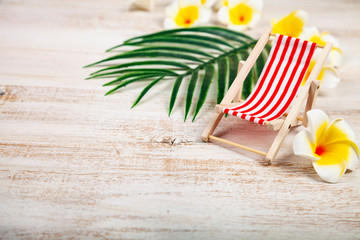 Still life with plumeria,beach chair and tropical leaves