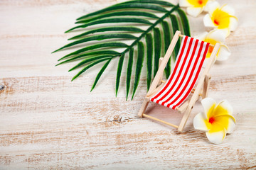 Still life with plumeria,beach chair and tropical leaves