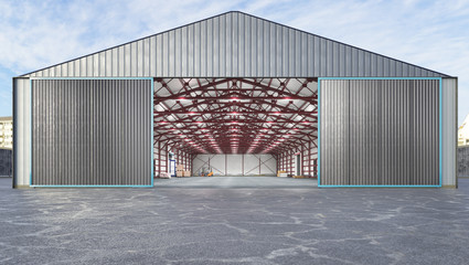Hangar exterior with open gate. 3d illustration - obrazy, fototapety, plakaty