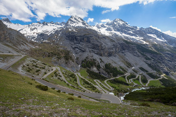 View from the Stelvio Pass, the highest automobile pass in Italy, 2758 metres , located between...