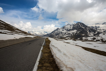 View from the Gavia pass, an alpine pass of the Southern Rhaetian Alps, marking the administrative border between the provinces of Sondrio and Brescia, Italy.