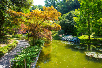 BELLAGIO, ITALY, JUNE 19, 2019 - View of Gardens of Villa Melzi in the village of Bellagio on Como lake, Italy