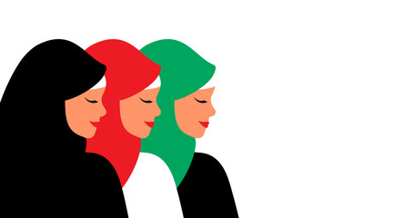 Silhouettes of Young arab women wearing colorful hijab. Emirati Women's day background . Vector illustration in flat style