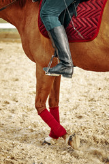girl rider rides a horse. leather boot in stirrup. Horseback Riding.