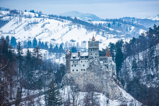 Bran Castle covered in snow in winter, Transylvania, Romania