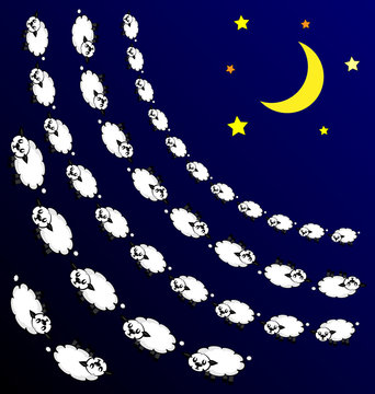 abstract image of night and sleeping white lambs consisting of lines and figures