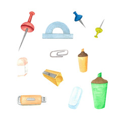 .A set of school accessories. Hand-drawn watercolor illustration
