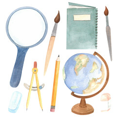 .A set of school accessories. Hand-drawn watercolor illustration