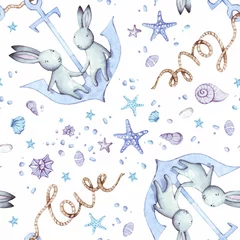 Behang Leuke zeekonijn. Naadloze patroon met konijn. Aquarel achtergrond © Tatiana 
