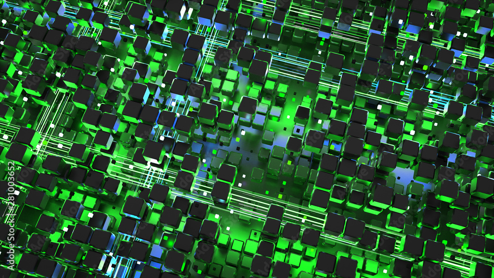 Poster green matrix of cubes and glowing big data streams 3d rendering illustration