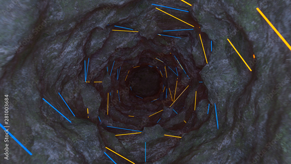 Poster flight through a cave with glowing neon lights 3d rendering