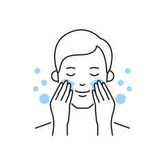Man washes his face with cleansing vector illustration outline style