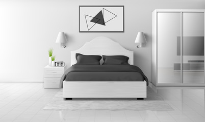 Bedroom interior in monochrome colors, modern home or hotel empty apartment with double king size bed, wardrobe with mirror slide doors, TV, nightstands, lamps, clock. Realistic 3d vector illustration