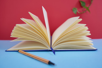  Colorful background with a notebook or books on a table and decorative objects.
