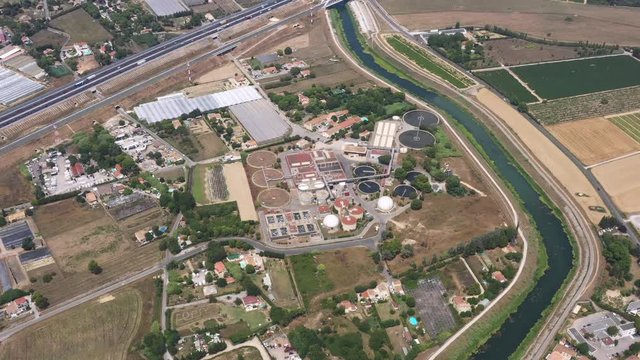 Montpellier Wastewater treatment plant (WWTP) along Lez river France aerial view 