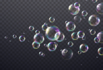 Soap bubble with rainbow colors isolated on transparent background. Realistic vector water foam elements set. Colorful iridescent balls or spheres template.