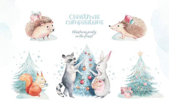 Set of Christmas Woodland forest cartoon hedgehog, cute squirrel, mouse, bunny hare animal character. Winter raccoon christmas tree floral elements, bouquets, berries, fllowers, snow and snowflakes,