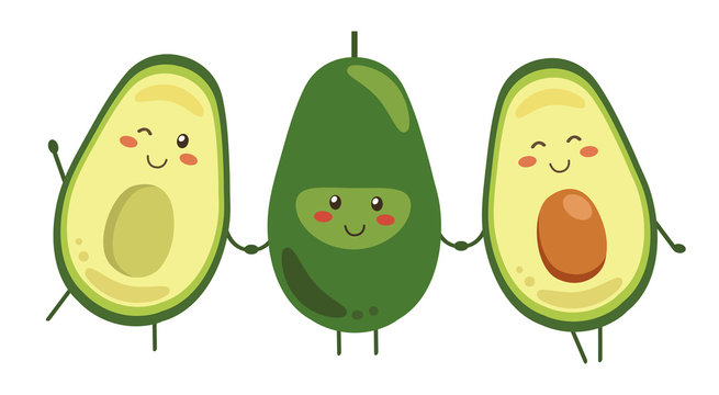 Set Of Vector Fruit Smiling Characters Holding Hands Isolated On White Background. Whole And Cut In Half Avocado With Pit. Kawaii Style. Friends Forever