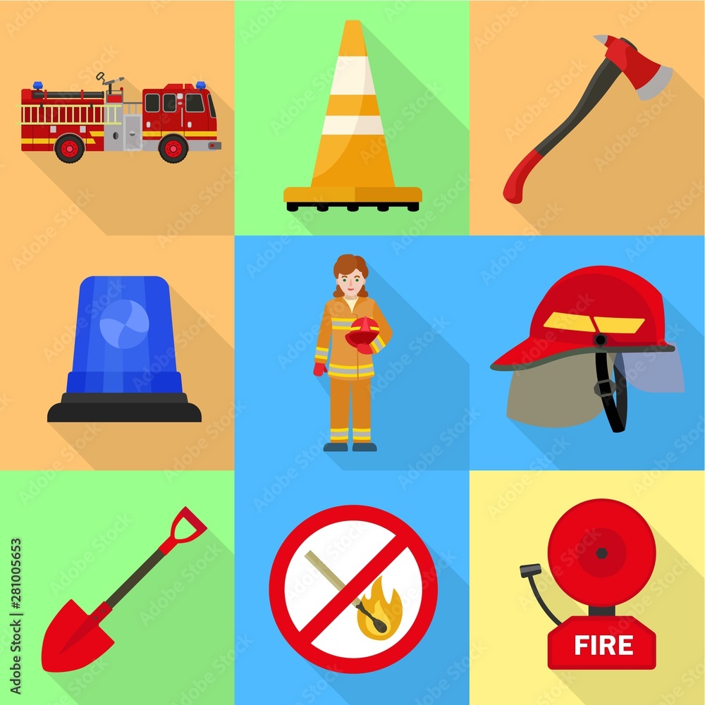 Poster firefighter icon set. flat set of 9 firefighter vector icons for web design isolated on white backgr