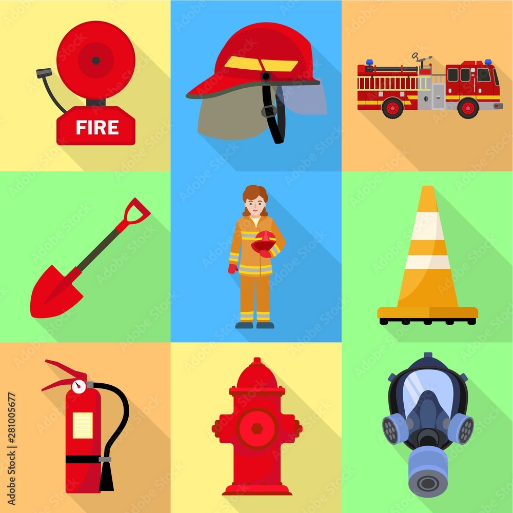 Poster firefighter tools icon set. flat set of 9 firefighter tools vector icons for web design isolated on 