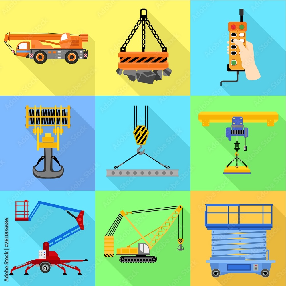 Poster lift machine icon set. flat set of 9 lift machine vector icons for web design isolated on white back