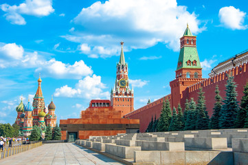 Russia, Moscow- July 27 2019-Red Square with the Kremlin's Spassky Tower and St. Basil's Cathedral